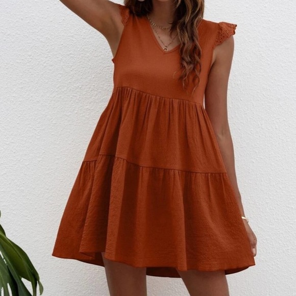 Terracotta eyelet embroidered cap sleeve V-neck high waist smock dress Sz S - Picture 2 of 12